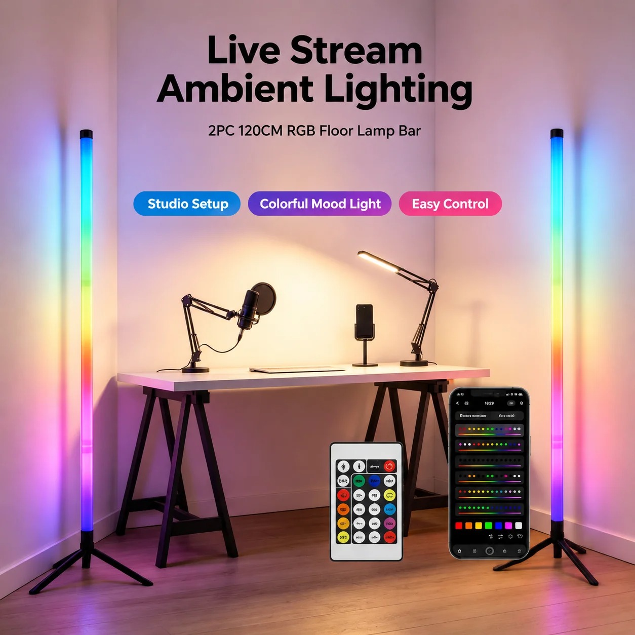 2PCS 120CM RGB Floor Lamp, Sou - Gaming Esports Esports ulasan dan harga